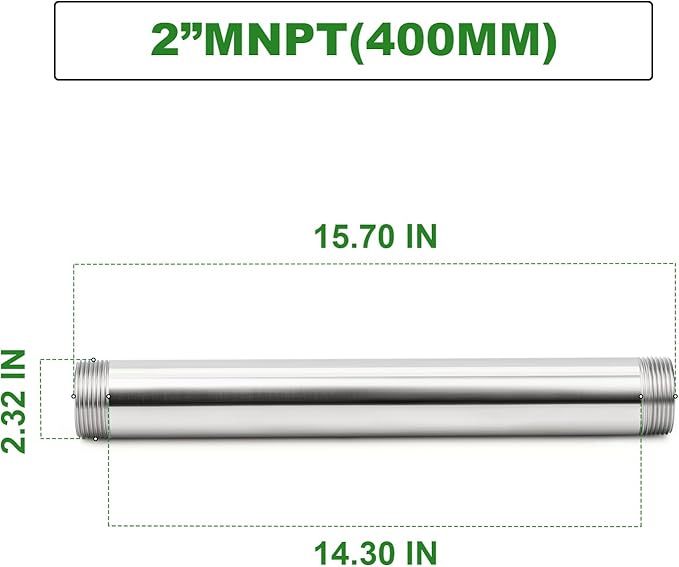 TAISHER 1PCS Stainless Steel Pipe Fittings, 2" NPT Male x 2" NPT Male Threaded, 16" Length Nipple Cast Pipe