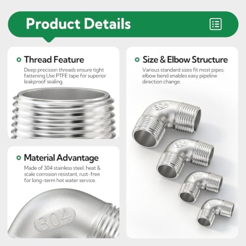 TAISHER 2PCS 304 Stainless Steel 90 Degree elbow,1/2" NPT Male × 1/2" NPT Male Thread Pipe Fitting