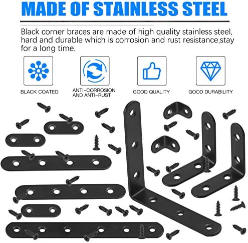 Glarks 134Pcs Black Corner Brace Set, 24Pcs L Shape Bracket and Flat Bracket Metal Joint Plate Fastener with 110Pcs Screws for Wood Wood Chair Bookshelf Board Window Furniture Cabinet