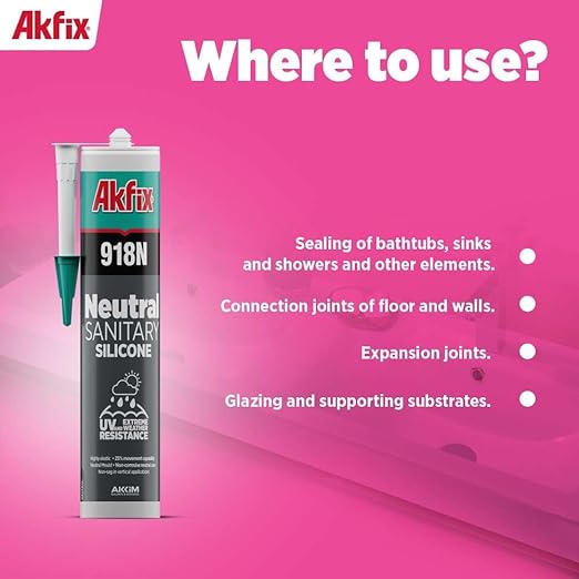 Akfix 918N White 100% Silicone Caulk for Kitchen and Bathroom (2x10.5 fl.oz.) - Solvent-Free, Low Odor, UV & Water Resistant, Fast Curing, Paintable, High Elasticity Silicone Sealant | White, 2 Pack