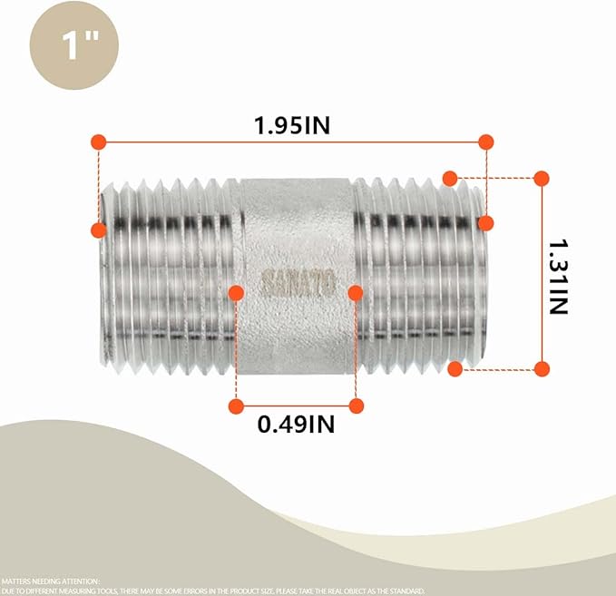 SANATO 3 Pcs SS 304 Forging Nipple Cast Piple, 1" NPT x 1" NPT Male Threaded, 50mm Piple Fittings