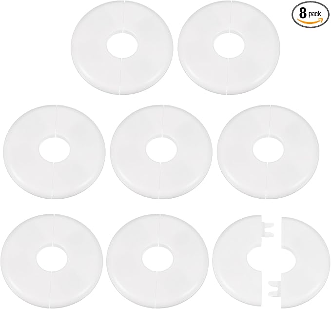 HARFINGTON 8pcs Wall Split Flange 22.5mm/0.9" Self-Adhesive Plumbing Cover Plates ABS Plastic Round Escutcheon Plate Buckle Design for Water Pipe Bathroom Kitchen Decoration, White