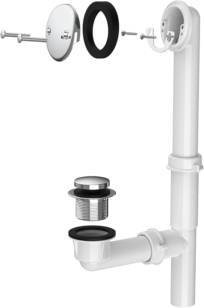 1-1/2"" White Tubular Bath Drain Kit with Tip-Toe Bath Drain Stopper, Touch-Toe Tub Drain, Tip Toe Bathtub Drain Waste and Overflow with Plug and Bathtub Overflow Drain Cove, Matte Black