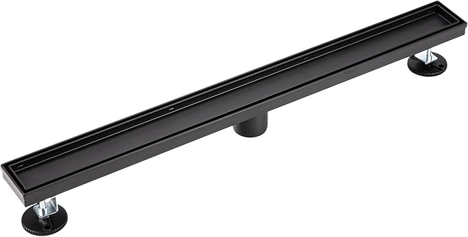 28 inch Linear Shower Drain with Removable Square Hole Panel by Using 304 Stainless Steel Process, Linear Drain Equipped with Adjustable Feet and Hair Strainer（Matte Black Color）