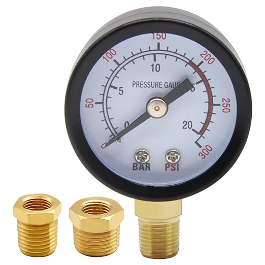 Pressure Gauge 0-300PSI 1-1/2" Dial Stainless Steel Case 1/8" NPT Male Brass Bottom Mount Include 1/2" NPT and 3/8" NPT Connector Universal Multifunctional