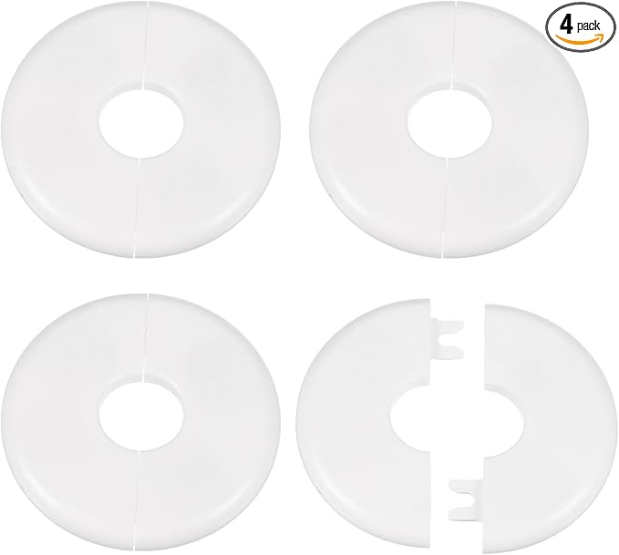 HARFINGTON 4pcs Wall Split Flange 22.5mm/0.9" Self-Adhesive Plumbing Cover Plates ABS Plastic Round Escutcheon Plate Buckle Design for Water Pipe Bathroom Kitchen Decoration, White