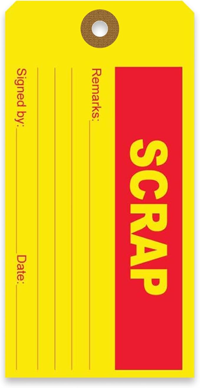 Tags 4 Less Production Quality Control Hang Tags – Equipment Preventative Maintenance Labels, for Easy Record-Keeping for Inventory Status (Scrap, Pack of 100)