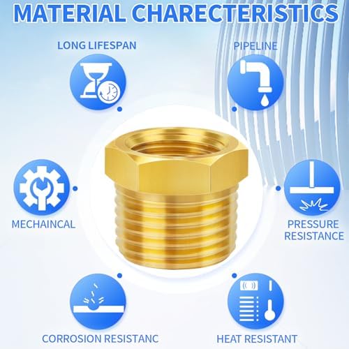 ChillWaves Brass Pipe Fitting, Reducer Hex Bushing 3/4" NPT Male x 1/4" NPT Female Thread Adapter(6-PACK)