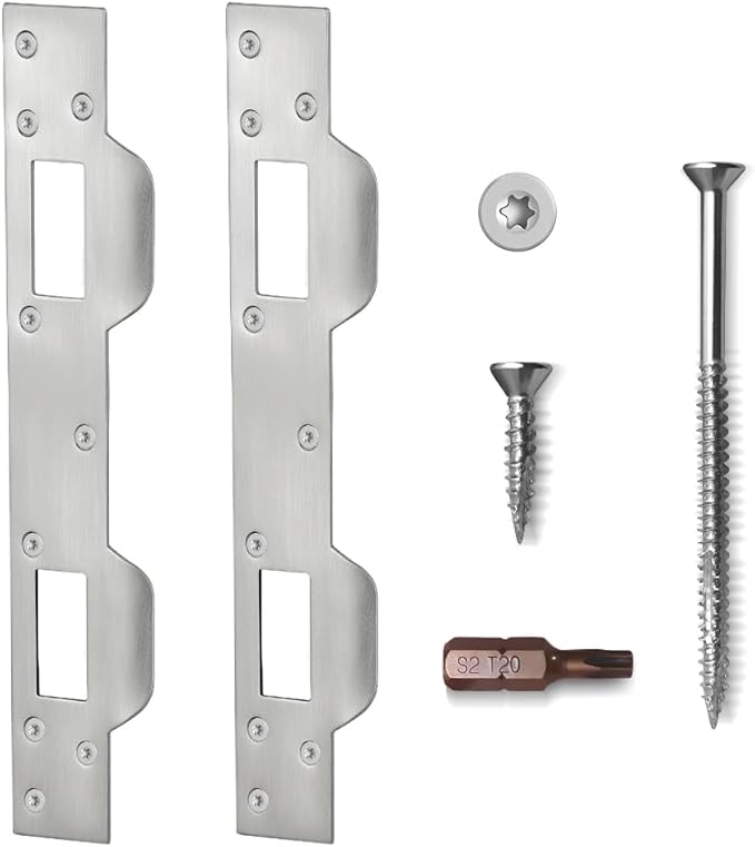 Door Latch Plates Double Holes, Security Door Strike Plates for Exterior Interior Door, Reinforcement Striker Plates for Door Knob and Deadbolt, Heavy Duty (2, Satin Nickel)
