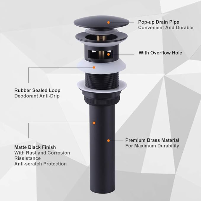 Bathroom Sink Drain with Overflow Vessel Sink Stopper Pop Up Drain Assembly Matt Black D500031B