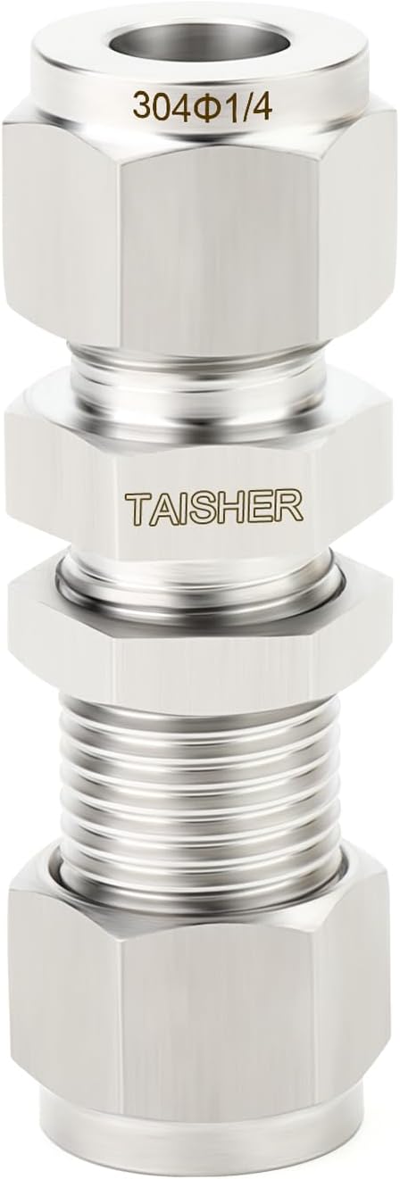 TAISHER 1PCS 304 Stainless Steel Thru-Bulk Bulkhead Compression Tube Pipe Fitting Connector, 1/4" Tube OD x 1/4" Tube OD Straight Adapter