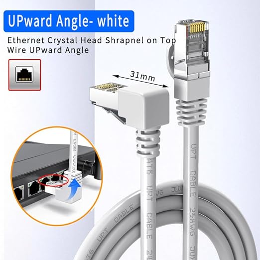 Right Angle Cat6 Ethernet Cable,90 Degree Upward White Ethernot Patch Cable,RJ45 Internet LAN Computer Patch Cable,Black,Support Cat5,Cat5e Network(20FT)