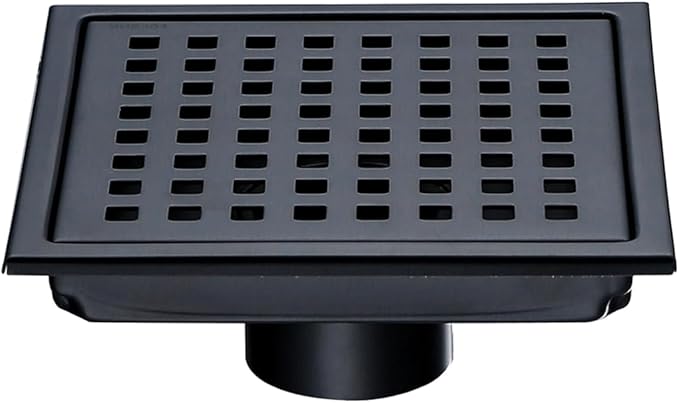 Square Shower Drain 6", SUS 304 Stainless Steel Floor Drain with Grid Drain Cover & Hair Strainer, Matte Black