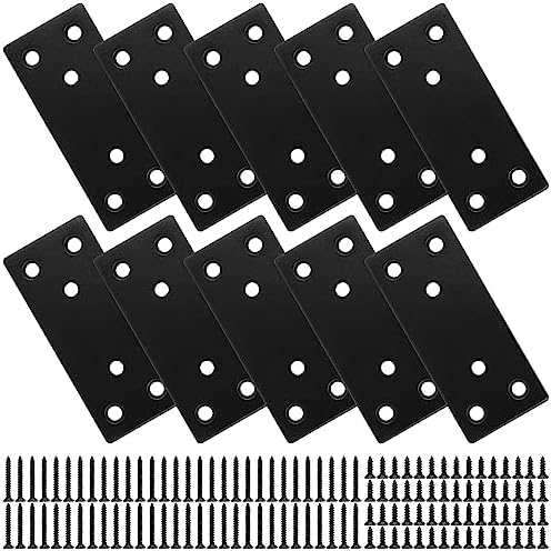 Mending Plate, Metal Steel Flat Straight Brace Bracket, Black Double-Wide Joining Plate for Wood Furniture Fastening & Fixing with 2 Sets of Screws of Different Lengths(30x70mm, 10 Pack)