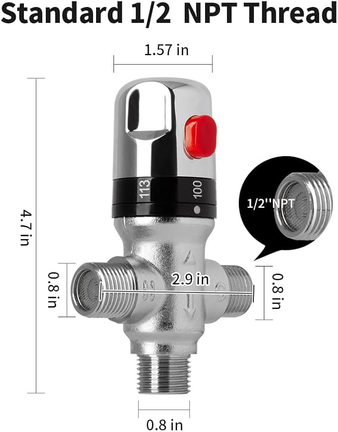 Thermostatic Mixing Valve, 1/2 NPT Threaded Water Temperature Control Valve, Galvanized Brass, for Bathroom Shower, Kitchen Faucet, Washroom, Laundry