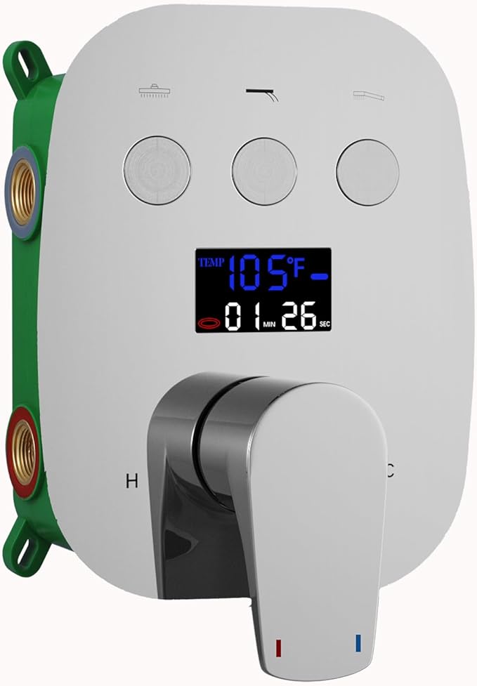Chrome Shower Mixer Valve Pressure Balance Trim Kit LCD Digital Display Shower Faucet Valve Bathroom Shower Handle Diverter Trim 3 Function Push Botton Diverter Valve