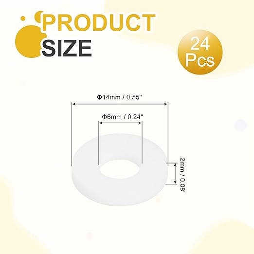MECCANIXITY PTFE Flat Washers, 24Pack 14mm OD 6mm ID 2mm Thick Sealing Spacer Gasket Ring for Faucet Pipe Hose Bolt Machinery, White