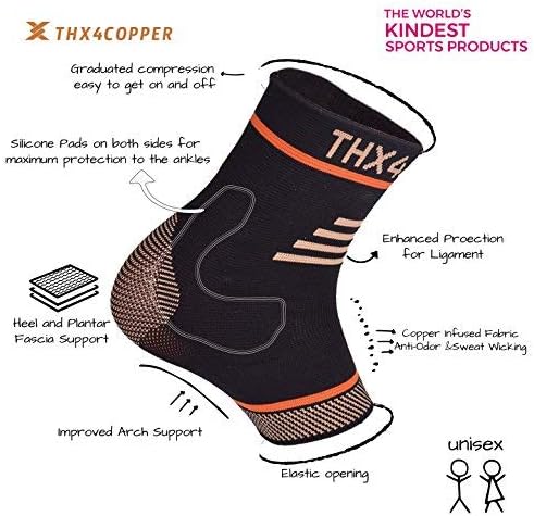 THX4COPPER Infused Compression Ankle Brace, Silicone Ankle Sleeve Support, Pain Relief from Plantar Fasciitis, Achilles Tendonitis- Reduce Foot Swelling & Prevent Ankle, Single