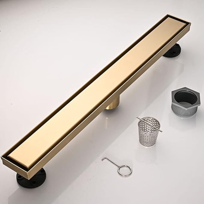 Linear Shower Floor Drain, Brushed Gold 32 Inch 304 Stainless Steel Bathroom Drains Kit, Rectangular Shower Trench Drain with Reversable Tile-in Pattern Drain Cover & Hair Catcher