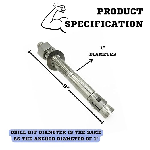Wedge Anchors – Heavy-Duty 304 Stainless Steel Expansion Bolts for Concrete & Masonry, Rust-Resistant & Durable - 1" X 9" - 10 Pack