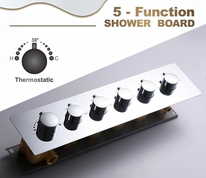 AYIVG 6 Handles 5 Functions Brass 5 Way Shower Diverter Thermostatic Valve Pressure Balanced Mixer with Trim Can Use All Function At a Time Flow Can Be Controlled Chrome