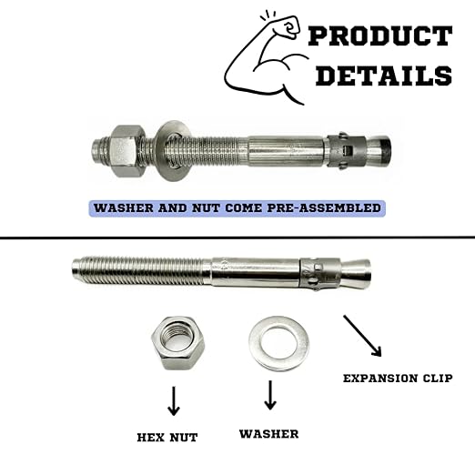 Wedge Anchors – Heavy-Duty 304 Stainless Steel Expansion Bolts for Concrete & Masonry, Rust-Resistant & Durable - 1" X 9" - 10 Pack