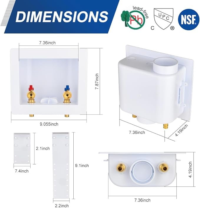 EFIELD Universal Washing Machine Outlet Box, 1/2-inch Pex-A Expansion Inlet x 3/4 inch MHT Outlet Connection, Center Drain,(WM049)