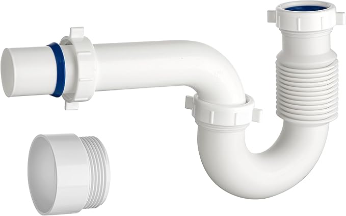 (1 Pack) Yariwiz White P Trap 1 1/2 Inch for Bathroom Kitchen Sink Drain Pipe Tubular Kit with Adjustable J-bend, White Threaded Adapter and Blue TPE Washer KSD-004W