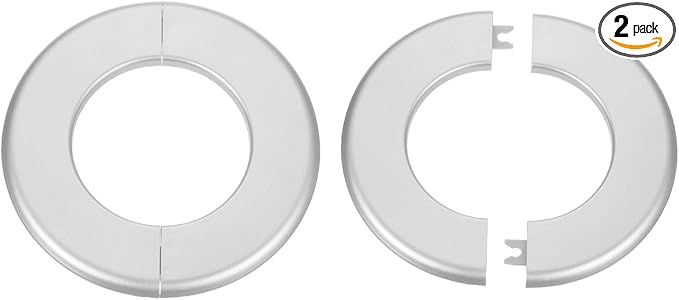 HARFINGTON 2pcs Wall Split Flange 78mm/3.1" Self-Adhesive Plumbing Cover Plates ABS Plastic Round Escutcheon Plate Buckle Design for Water Pipe Bathroom Kitchen Decoration, Silver Tone