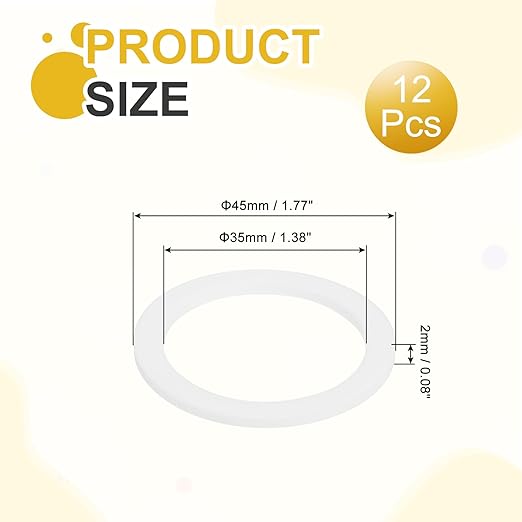 MECCANIXITY PTFE Flat Washers, 12Pack 45mm OD 35mm ID 2mm Thick Sealing Spacer Gasket Ring for Faucet Pipe Hose Bolt Machinery, White