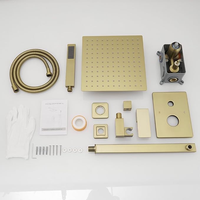 Brushed Gold Shower System 10 Inch Bathroom Luxury Rain Mixer Shower Combo Set Wall Mounted Rainfall Shower Head and Handheld System Shower Faucet Rough-in Valve Body and Trim Kit