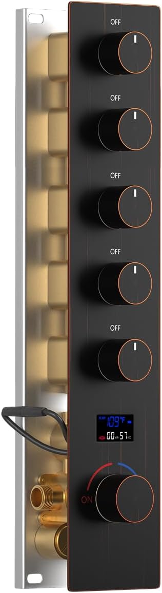 Shower Valve Concealed Shower Mixing Faucet with Temperature Display Function, Flow Control Brass Diverter Valve Kit, 5 Function Can Be Activated Simultaneously, Oil Rubbed Bronze