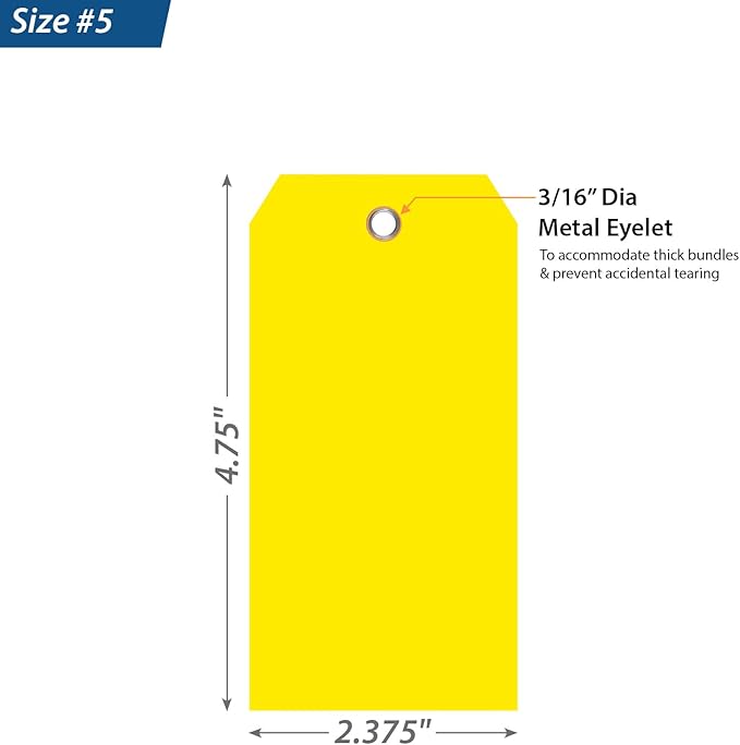 SmartSign 100-Pack Yellow Plastic Tags with Pre-Punched Hole, 4.75" x 2.375", Size#5, 10 mil Tearproof Plastic Tags with Metal Eyelet, Writable Blank Tags for Shipping, Labeling, USA-Made