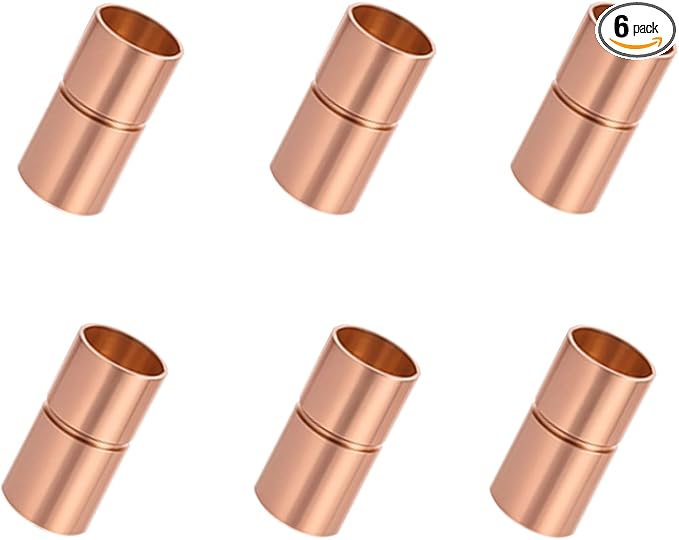 Straight Copper Coupling Fittings, 1/4 Inch Copper Pipe Welding Joint Connector Adapter for HVAC Air Conditioner, Sweat End Pipe Fitting with Rolled Tube Stop, Pack of 6