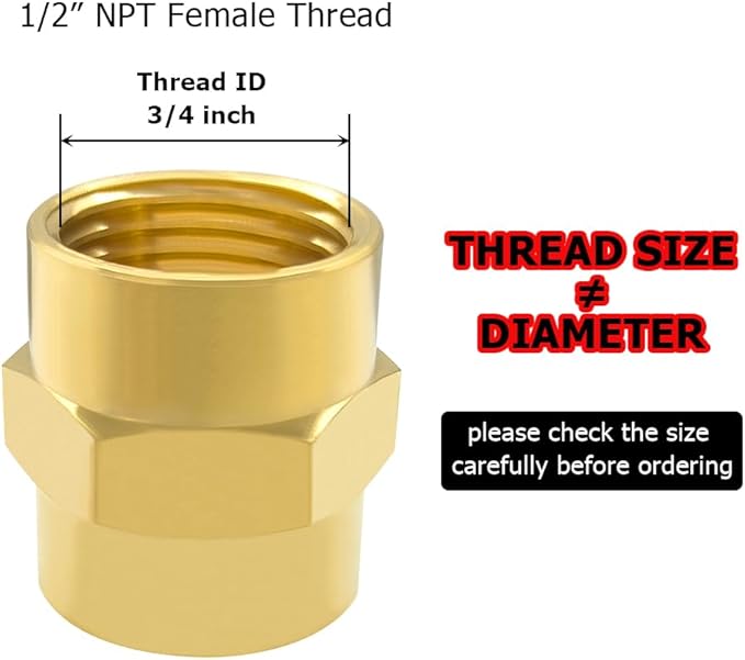 Hooshing 2PCS 1/2" x 1/2" NPT Female Coupler Soild Brass Hex Nipple Coupling Pipe Fitting