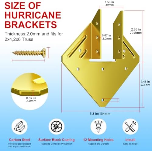 Hurricane Ties for Rafters, 50 Pack, Yellow-Plated Steel