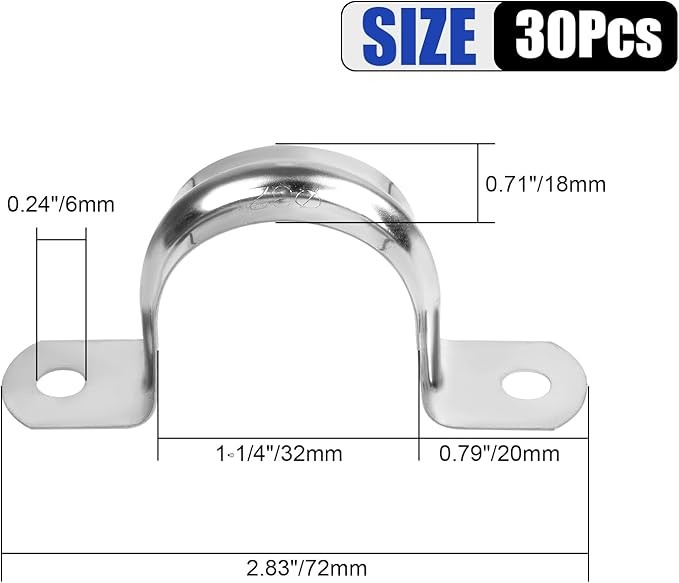 30Pcs 1-1/4 Inch Stainless Steel Conduit Clamps, 2 Hole Strap U Bracket Rigid Pipe Strap, Tension Clips U-Tube Clamp for Pipe Fixing on Various Surfaces
