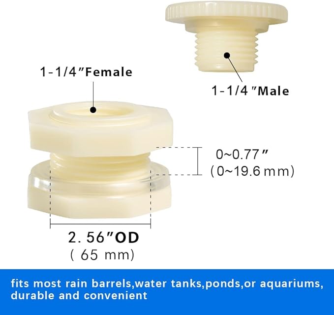 Quickun 1-1/4" ABS Bulkhead Water Tank Connector Adapter Fitting Thru-Bulk Pipe Fitting (Pack of 2)