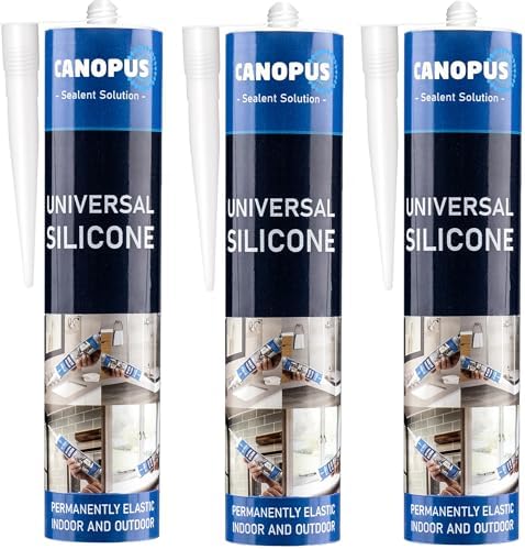 CANOPUS Universal Silicone, Clear, 3-Pack 10oz Each, Waterproof Kitchen & Bathroom Acetoxy Silicone Sealant, Suitable for Indoor and Outdoor Waterproofing and Bonding Applications, Shower Sealant