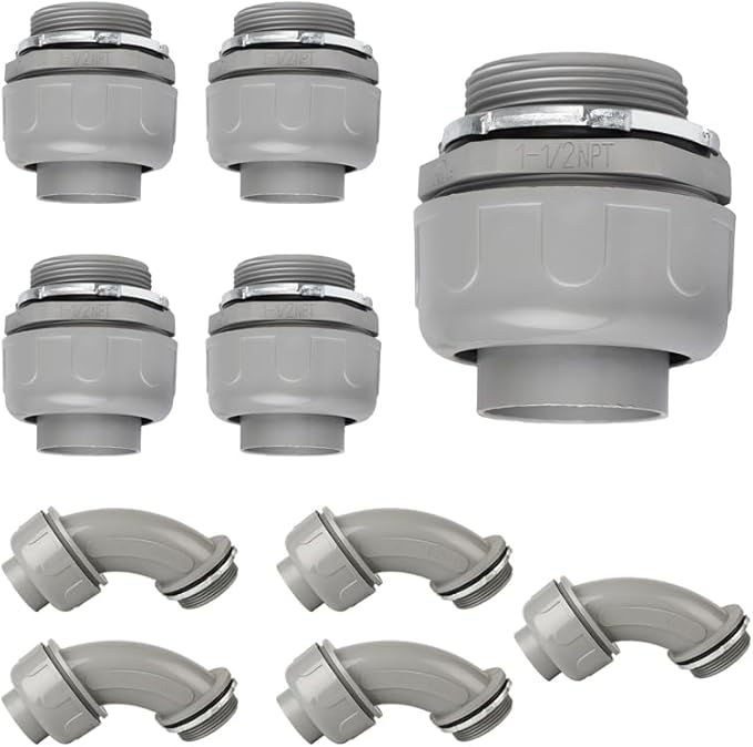 Conduit Connectors, 1-1/2 Inch Liquid Tight Connector NPT Non-Metallic for PVC Electrical Flexible Conduit Fittings, 5 Straight and 5 Angle 90 Degree, UL Listed, Grey (10-Pack)