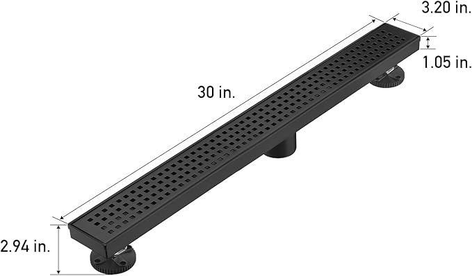 Linear Shower Floor Drain, Matte Black 30 Inch 304 Stainless Steel Bathroom Drains Kit, Long Rectangular Shower Trench Drain with Square Pattern Drain Cover & Hair Catcher