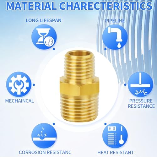 ChillWaves Brass Pipe Fitting，Reducer Hex Nipple 1/2" NPT Male x 3/8" NPT Male Thread Adapter(6-PACK)