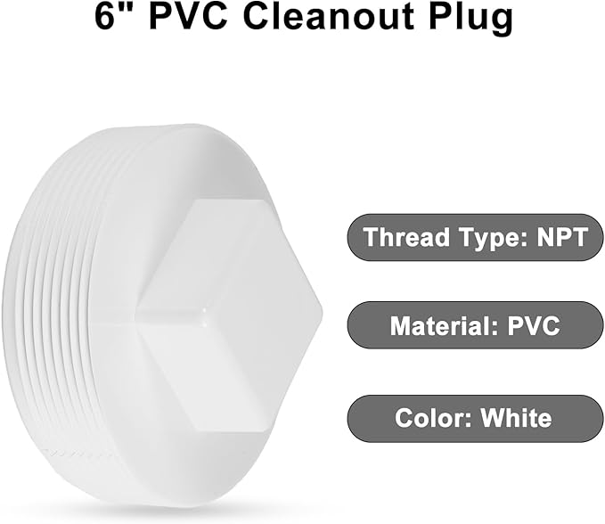 2pcs PVC Cleanout Plug, 6" NPT Male Threaded Sewer Cleanout Cover Attached to Sewer and Drain Pipe, for Plumbing Drainage Piping Systems