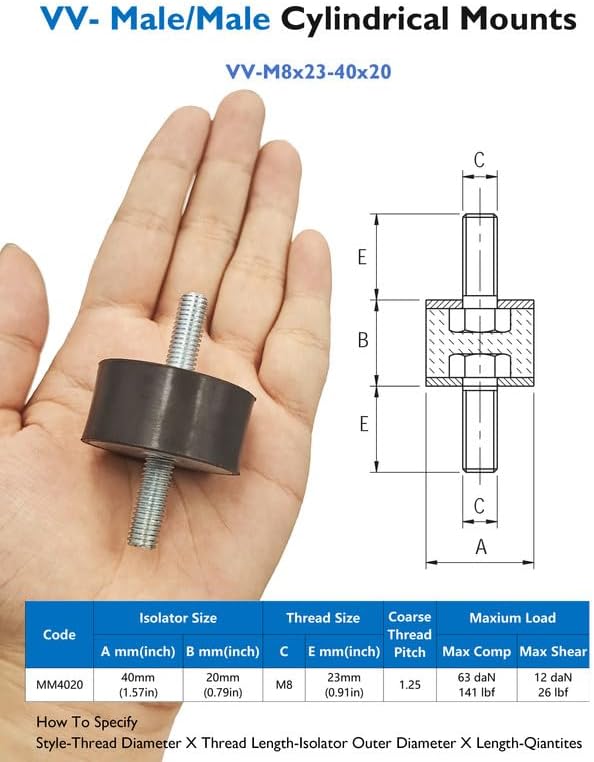 M8 Rubber Vibration Isolator Mounts Double Stud Shock Absorber Isolation Mounts Anti Vibration Silent-Blocks for Car Boat Bobbins Motors Compressors Pumps, 4pcs M8x23-40x20mm, 8pcs LockNuts