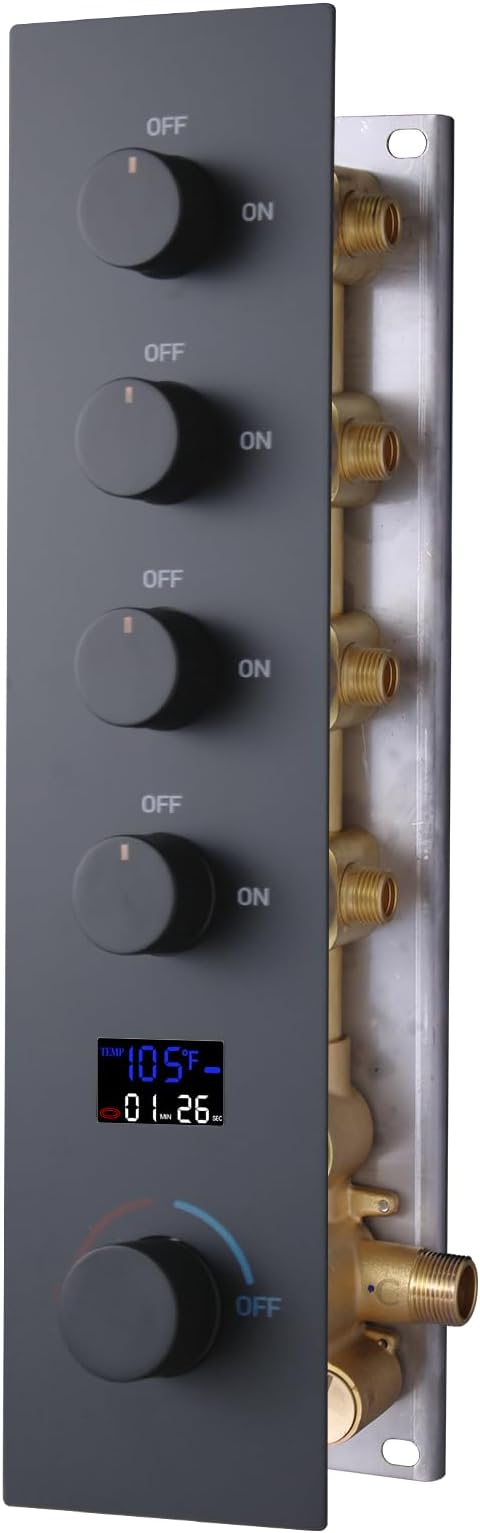 4 Way Shower Diverter Valve with Temperature Display Brass Rough-In Shower Mixing Valve Kit Replacement Can Work At The Same Time,Matte Black
