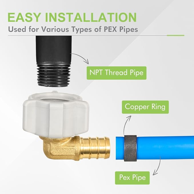 10 Pack Female NPT Swivel Elbow, PEX 1/2" x 1/2" NPSM Female Threaded Brass Barb Crimp Fittings, Full Port for PEX-B pipes, NSF/ANSI 61 NSF 372 Certificate, ASTM F1807 Certified