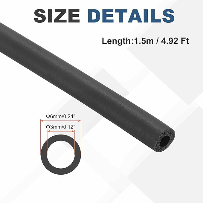 1/8" ID Pipe Insulation Foam Tube, EPDM Pipe Cover 1/4" OD Wrap Roll Bar Tubing 4.9FT Long - Insulation Freeze Heat Preservation for Guitar Stand/AC Units/Exercise Machine