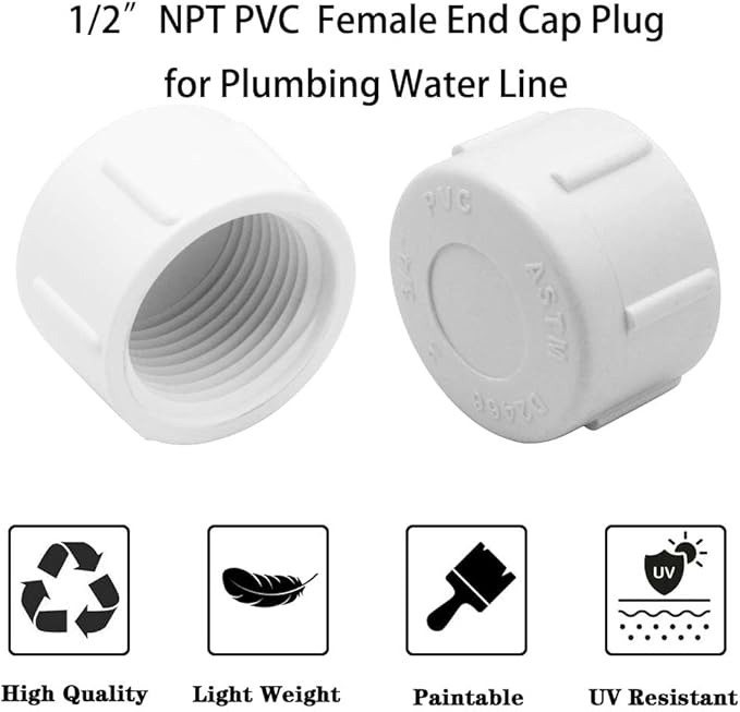 YSIL 1/2 Inch PVC Female End Cap Plug, Threaded Water End Cap Connector PVC Pipe Fittings for Plumbing Water Line (12 Pack) White