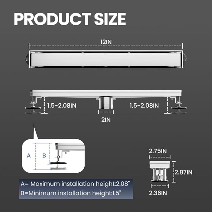 Linear Shower Drain 12 Inch, Shower Drain with 2-in-1 Tile Insert Panel, Brushed AISI 304 Stainless Steel Linear Drain for Fast Drainage, Floor Drain for Bathroom, Kitchen, Garage & More