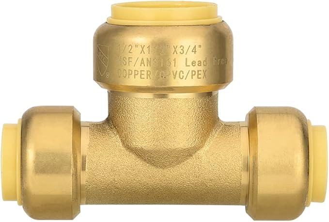 Push-Fit Fitting Tee 1/2" x 1/2"x 3/4” to Connect Pex, Copper, CPVC Pipe with Two Size Disconnect Tool Clips,(PF134),(PF134)